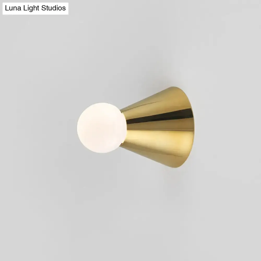 Mini Brass Coneball Wall Light with Single White Glass Sconce - Elegant Dining Room Fixture