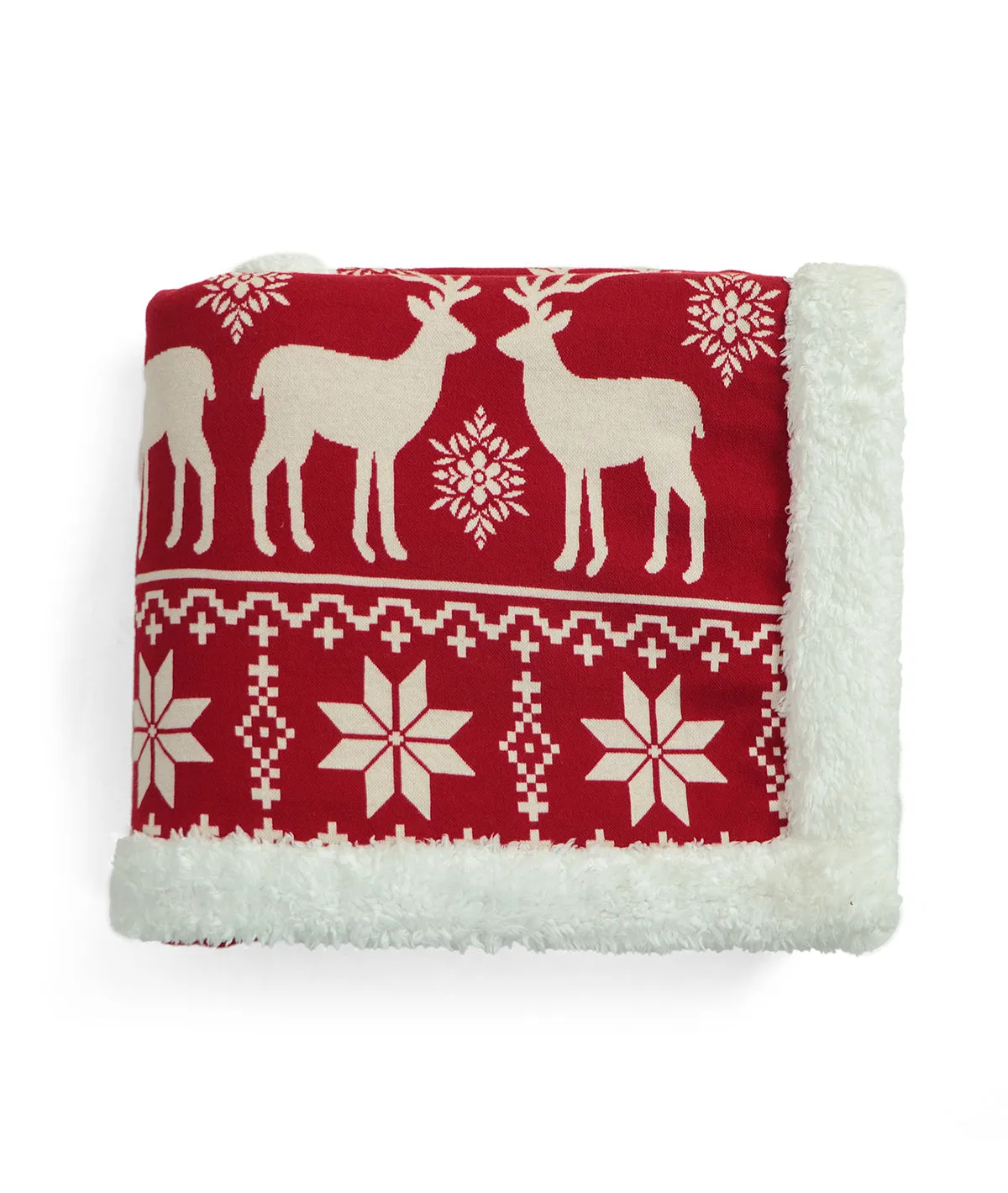 Moose Christmas Tree Cotton Knitted Kids Blanket with Warm Sherpa Fabric (Red & Natural)