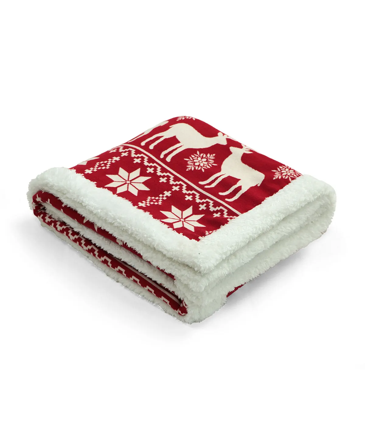 Moose Christmas Tree Cotton Knitted Kids Blanket with Warm Sherpa Fabric (Red & Natural)