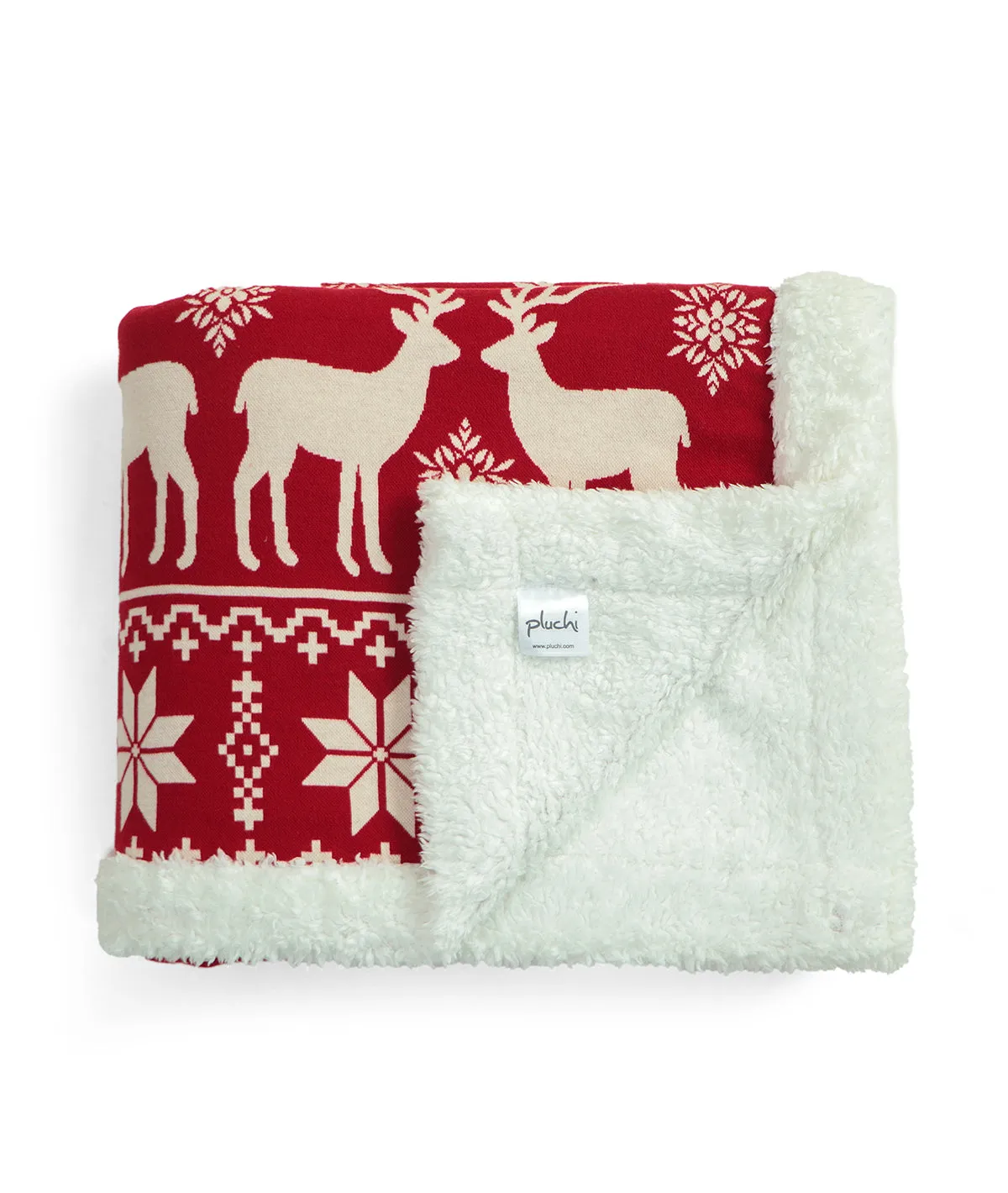 Moose Christmas Tree Cotton Knitted Kids Blanket with Warm Sherpa Fabric (Red & Natural)