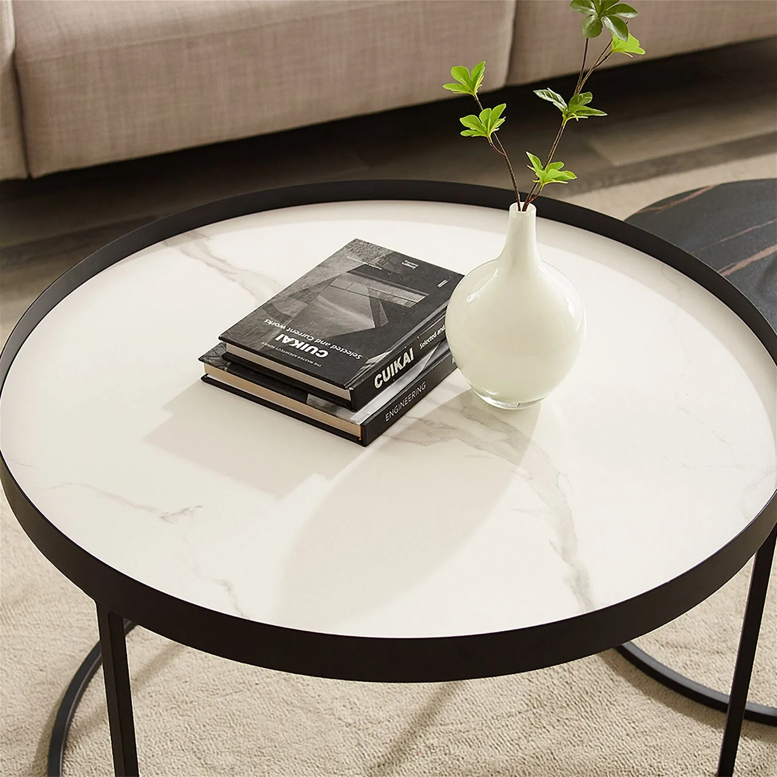 Nested Coffee Table White and Black Sintered Stone with Carbon Steel Metal Frame by Criterion