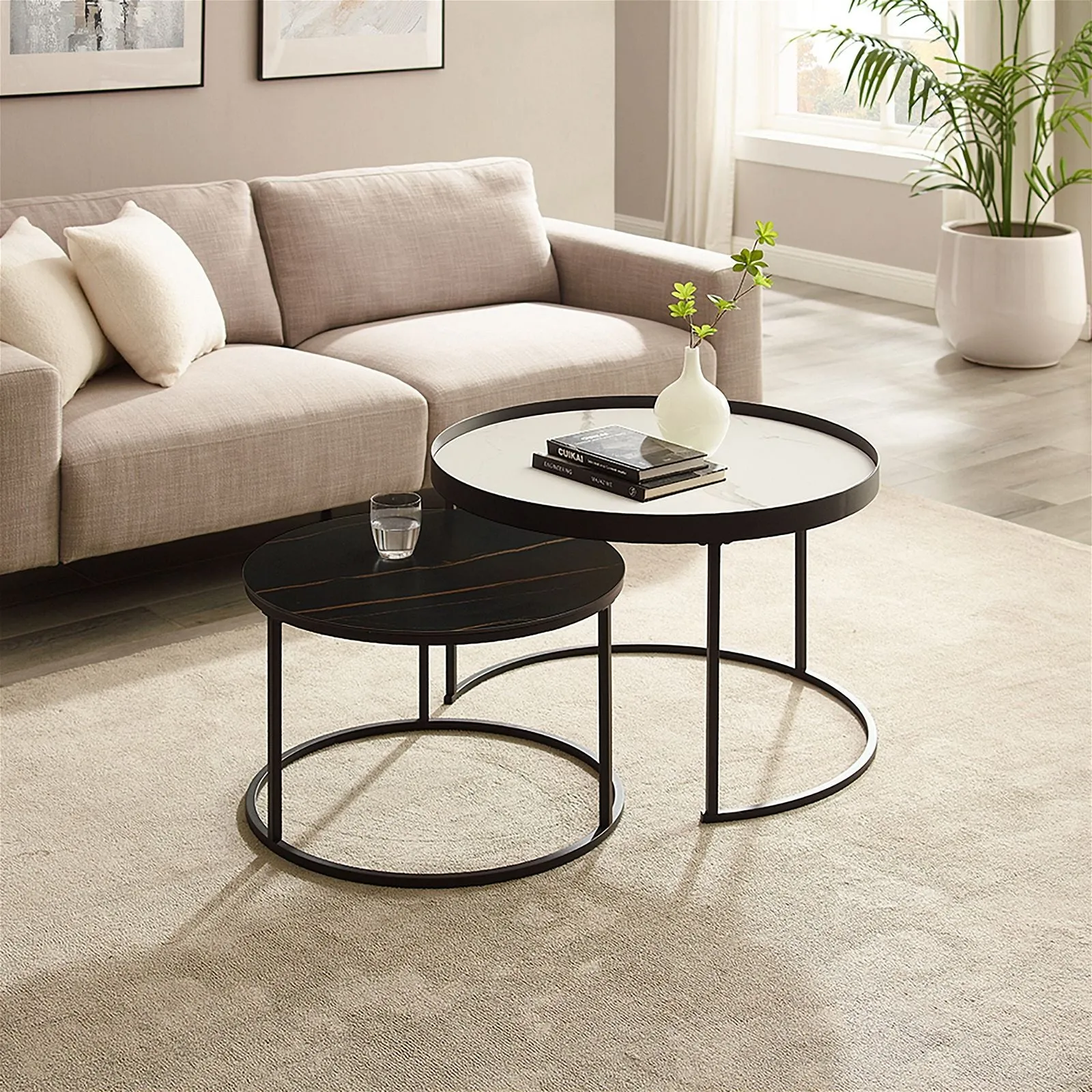 Nested Coffee Table White and Black Sintered Stone with Carbon Steel Metal Frame by Criterion