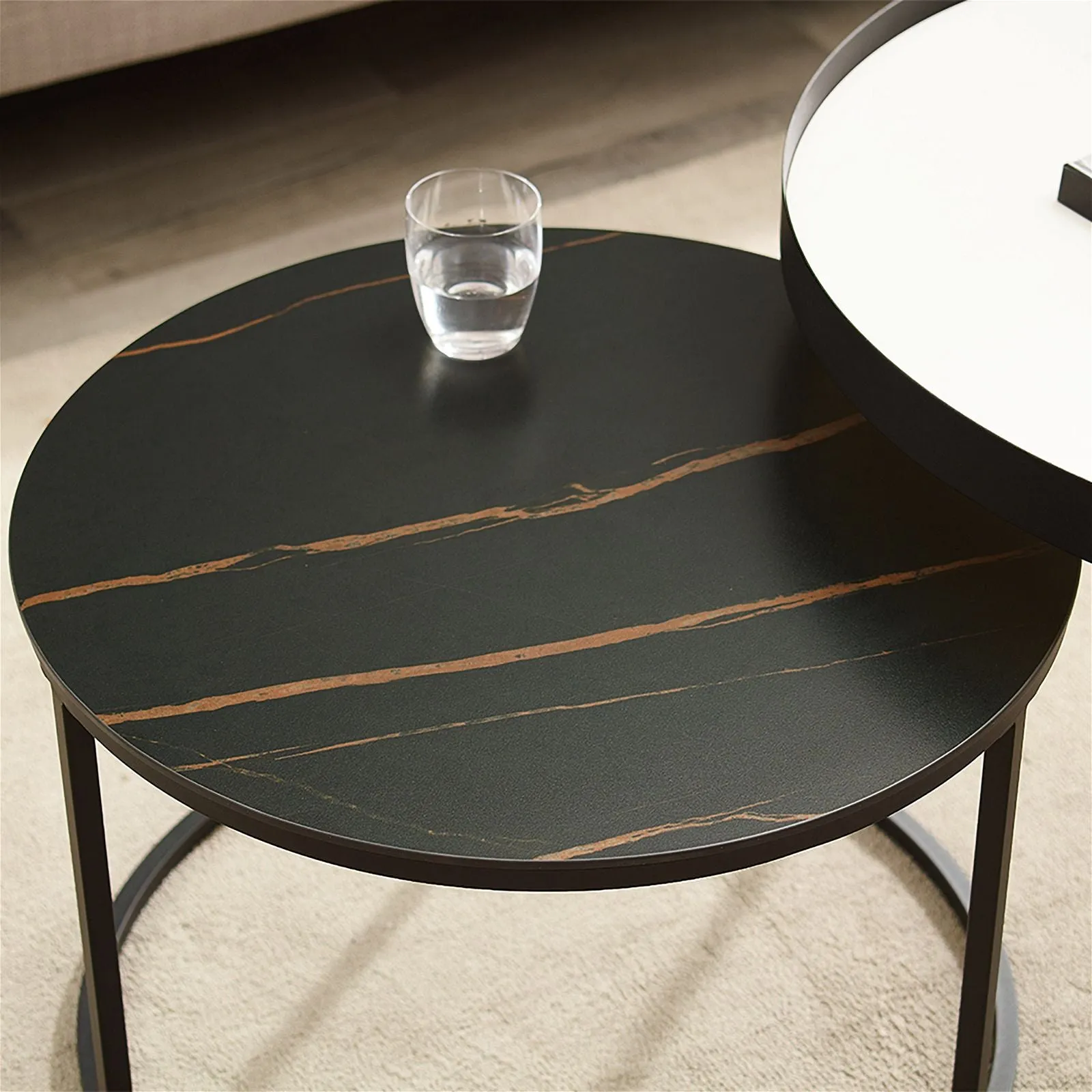 Nested Coffee Table White and Black Sintered Stone with Carbon Steel Metal Frame by Criterion