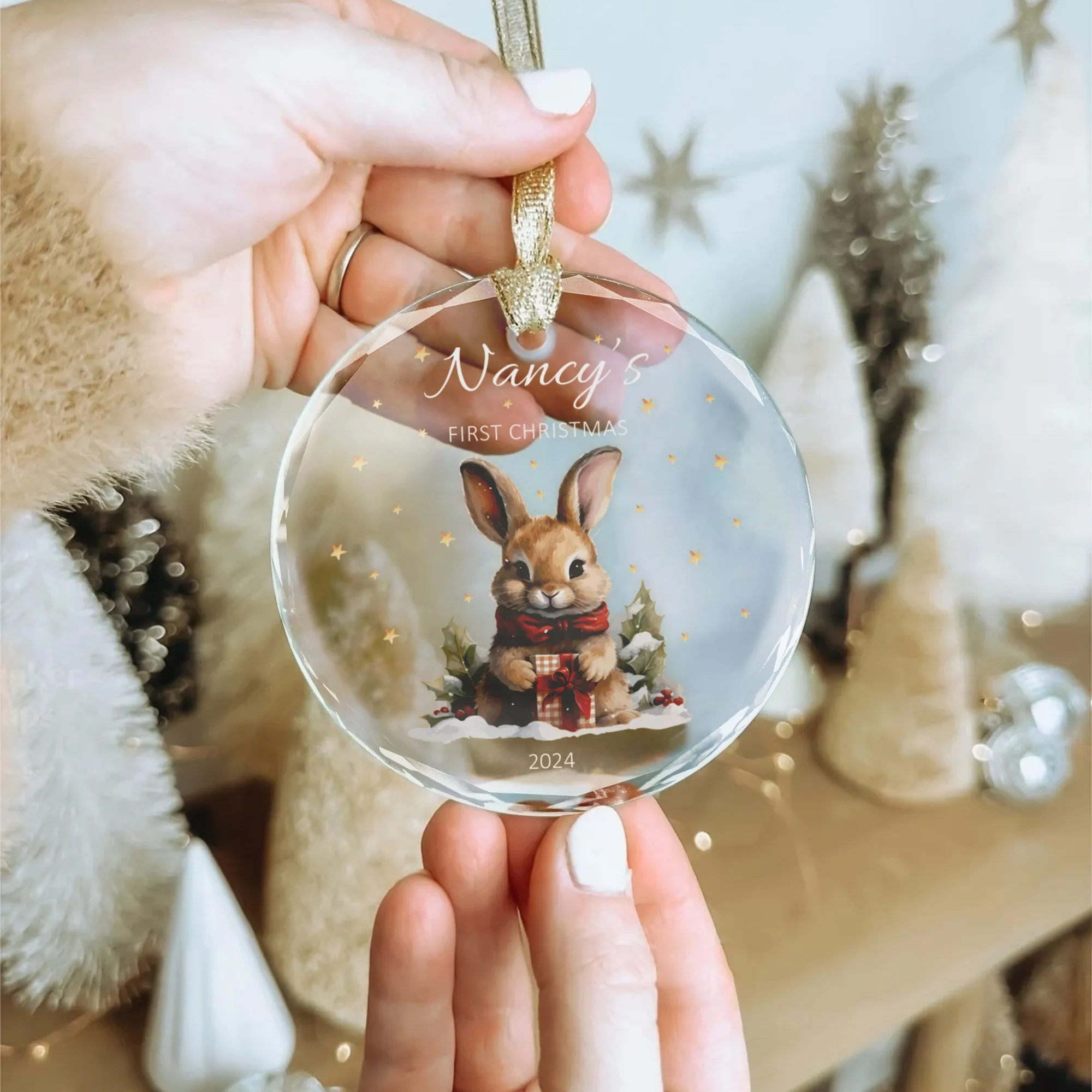 Personalized Baby's First Christmas Glass Ornament, Personalized Woodland Creatures GX02-24