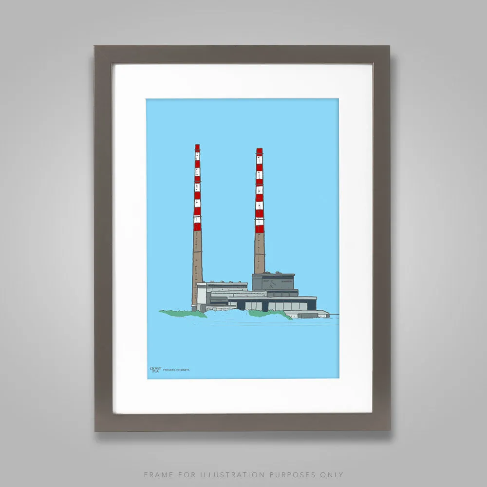 Poolbeg Chimneys Print, Colour on Blue