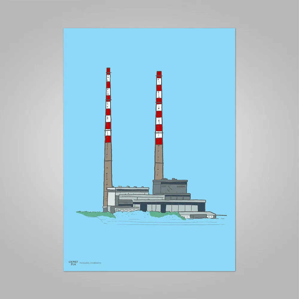 Poolbeg Chimneys Print, Colour on Blue