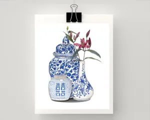 Print of three blue and white chinoiserie ginger jars