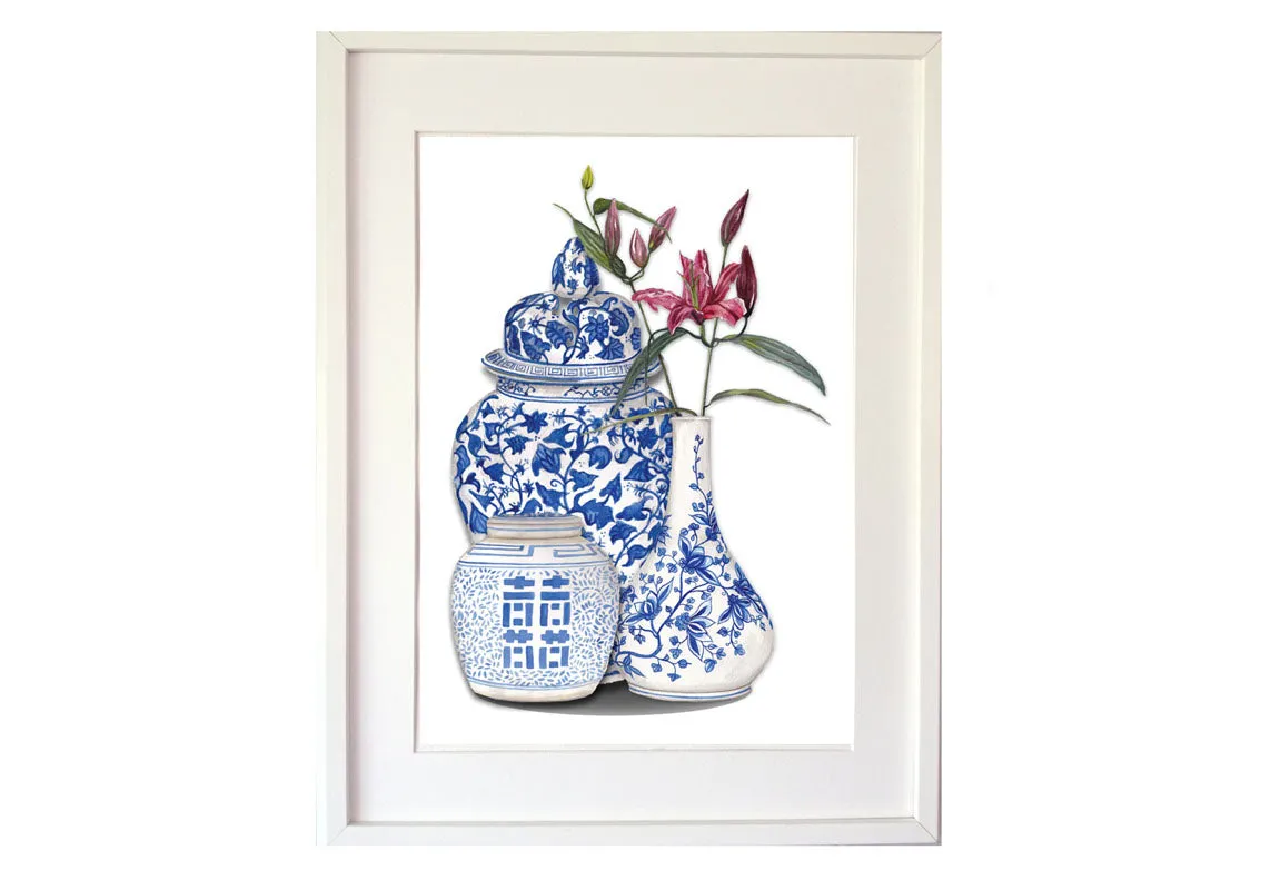 Print of three blue and white chinoiserie ginger jars