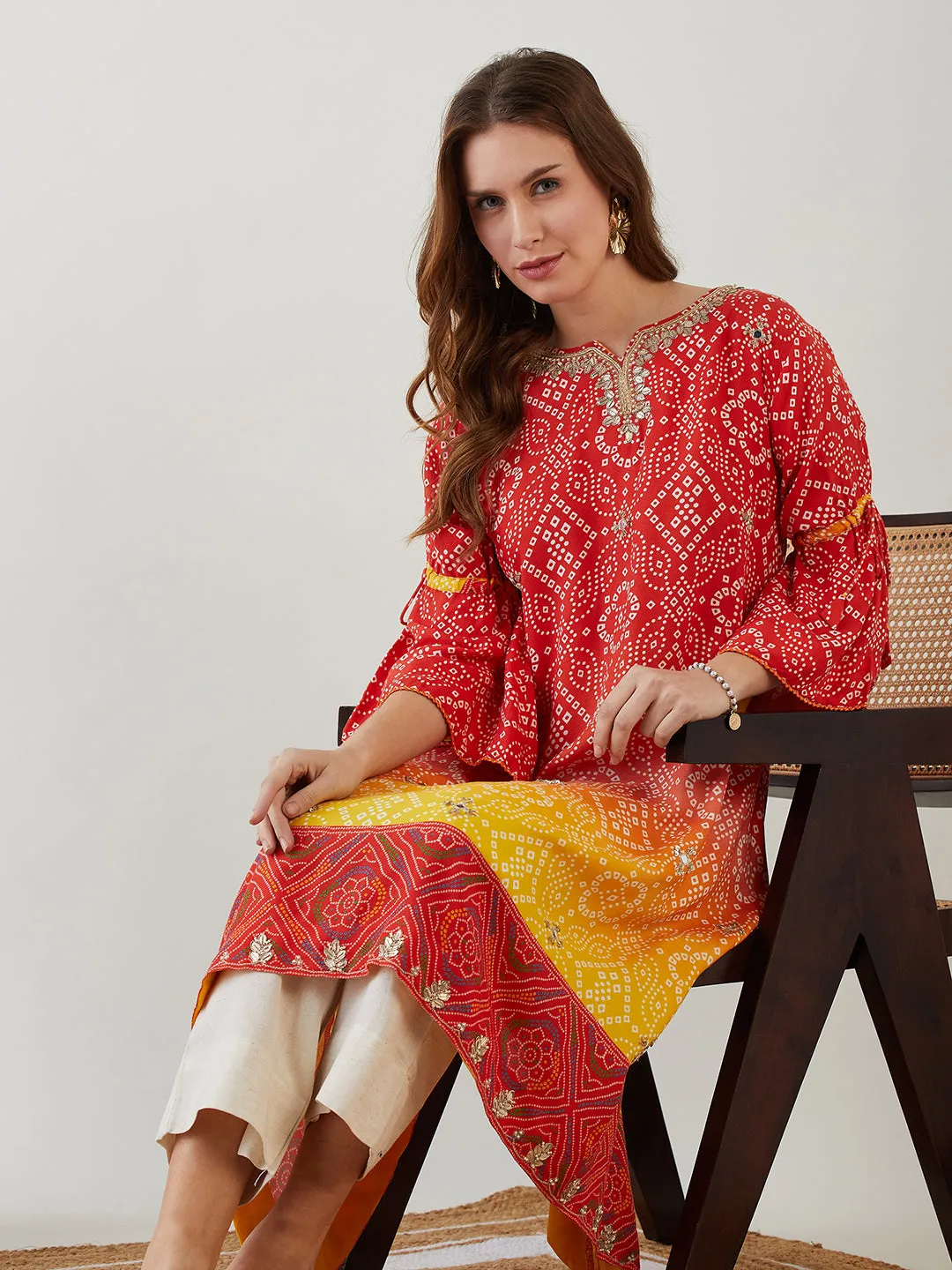 Sacred Red Bandhini Hand Embroidered Kurta