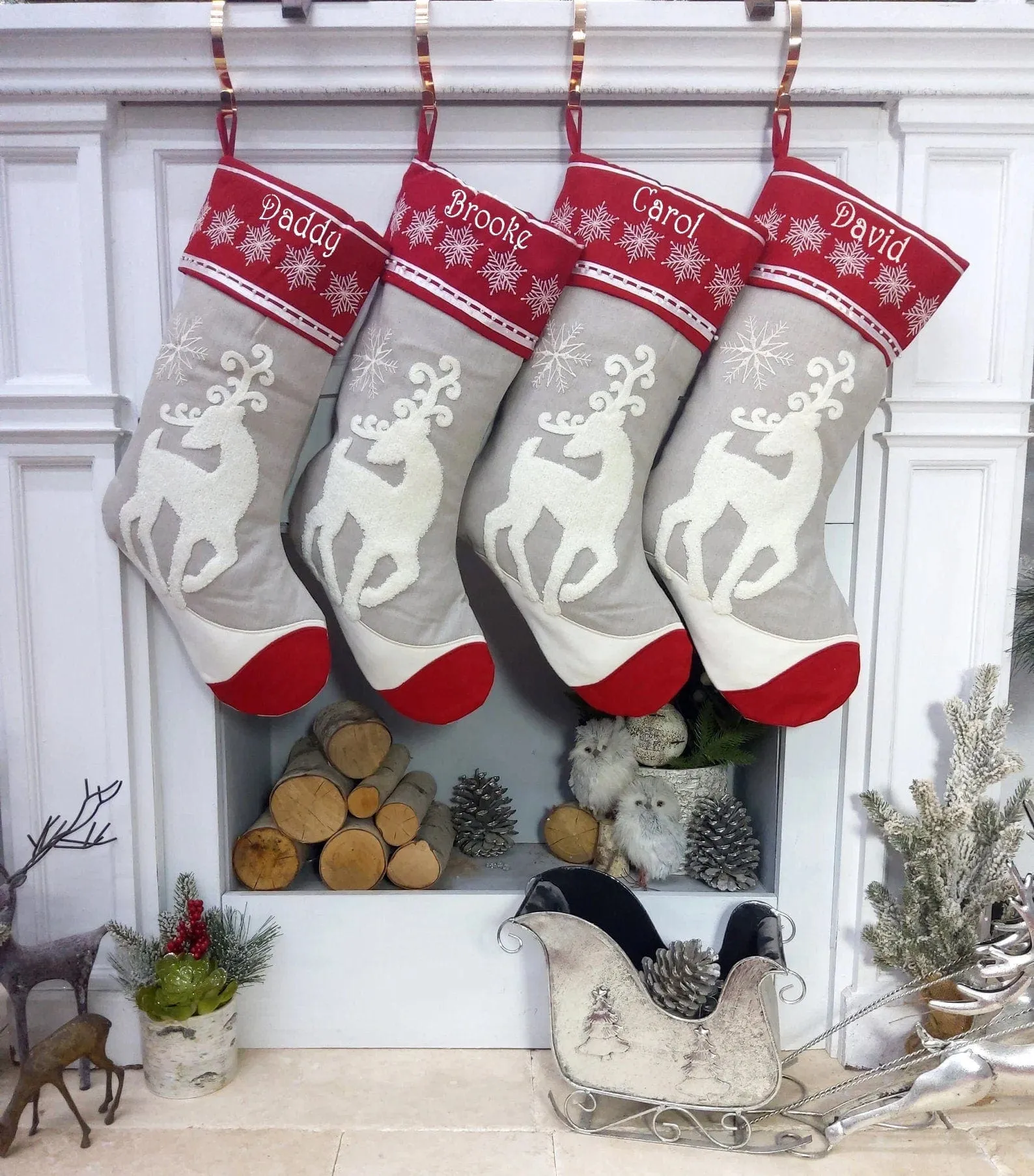 Scandinavian Personalized Stocking Tufted Deer With Snowflakes Embroidered or with Cutout Wood Name Tag Christmas Stockings Family Xmas