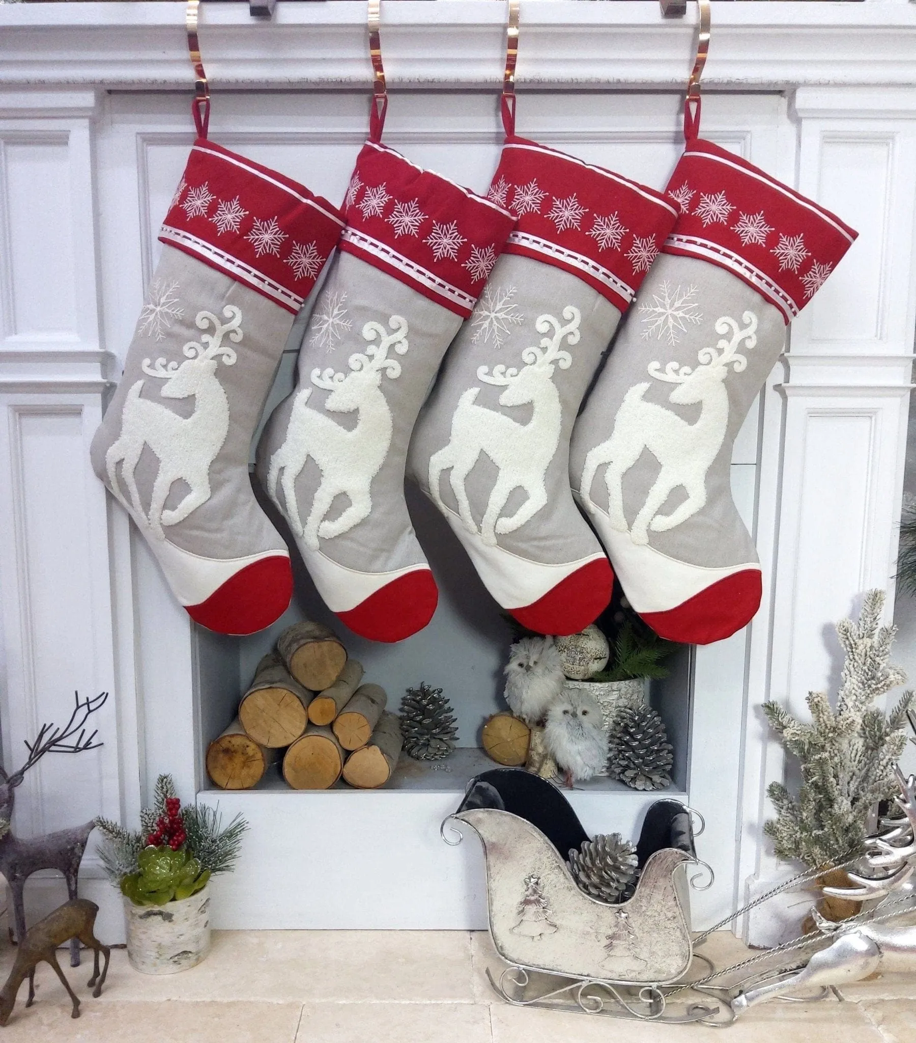 Scandinavian Personalized Stocking Tufted Deer With Snowflakes Embroidered or with Cutout Wood Name Tag Christmas Stockings Family Xmas