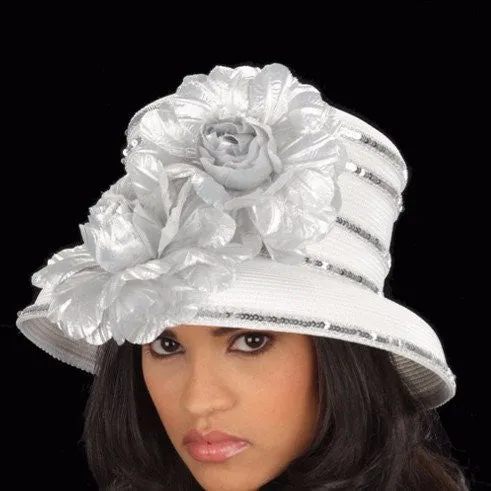 SG5021-White Dress Hat with Silver Flowers and Trims