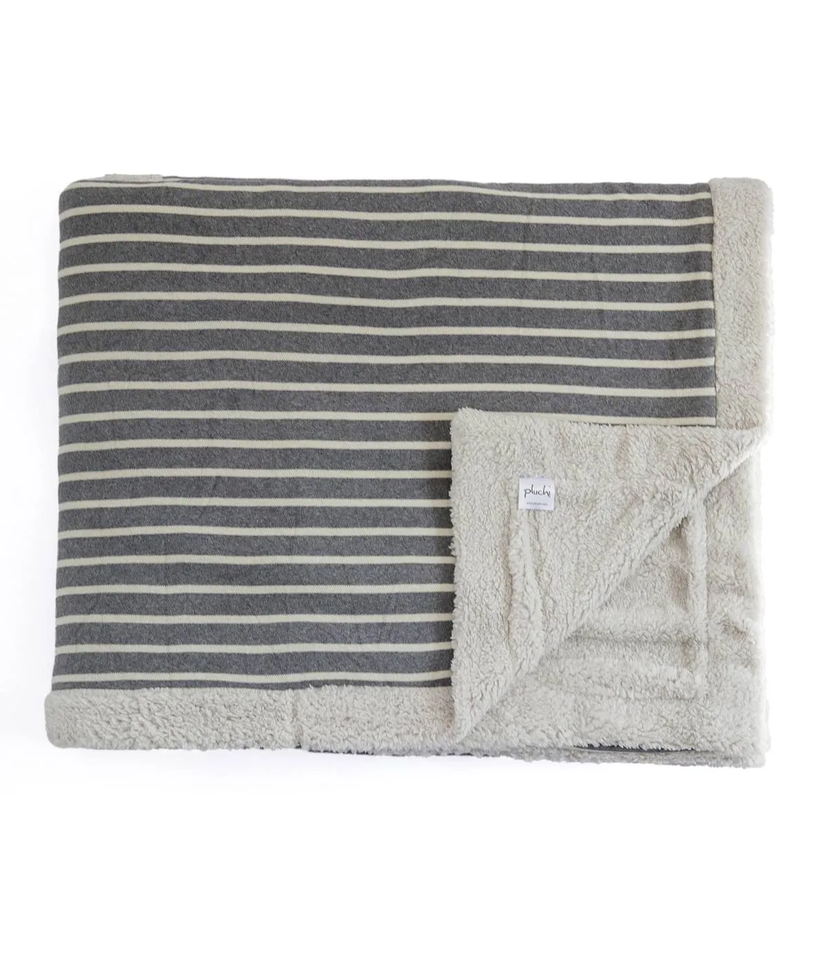 Stripe - Double Bed Front Cotton Knitted with Sherpa Back Blanket with Ivory & Dark Grey