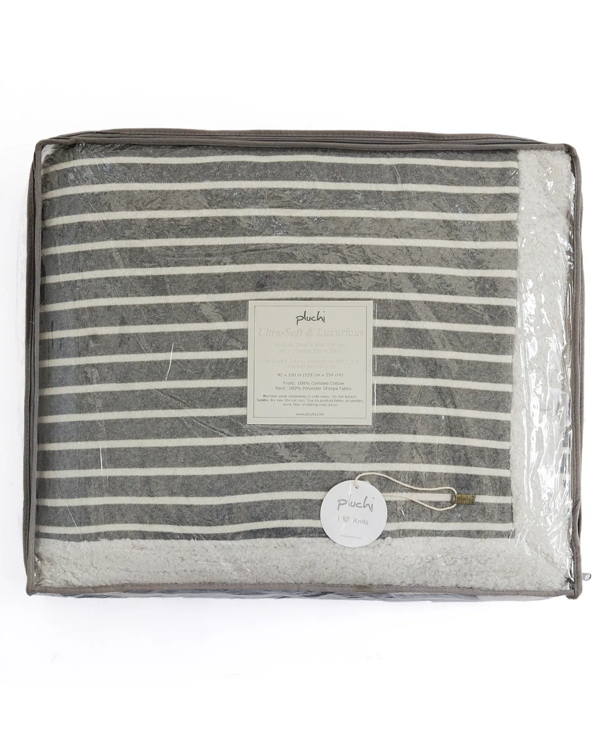 Stripe - Double Bed Front Cotton Knitted with Sherpa Back Blanket with Ivory & Dark Grey