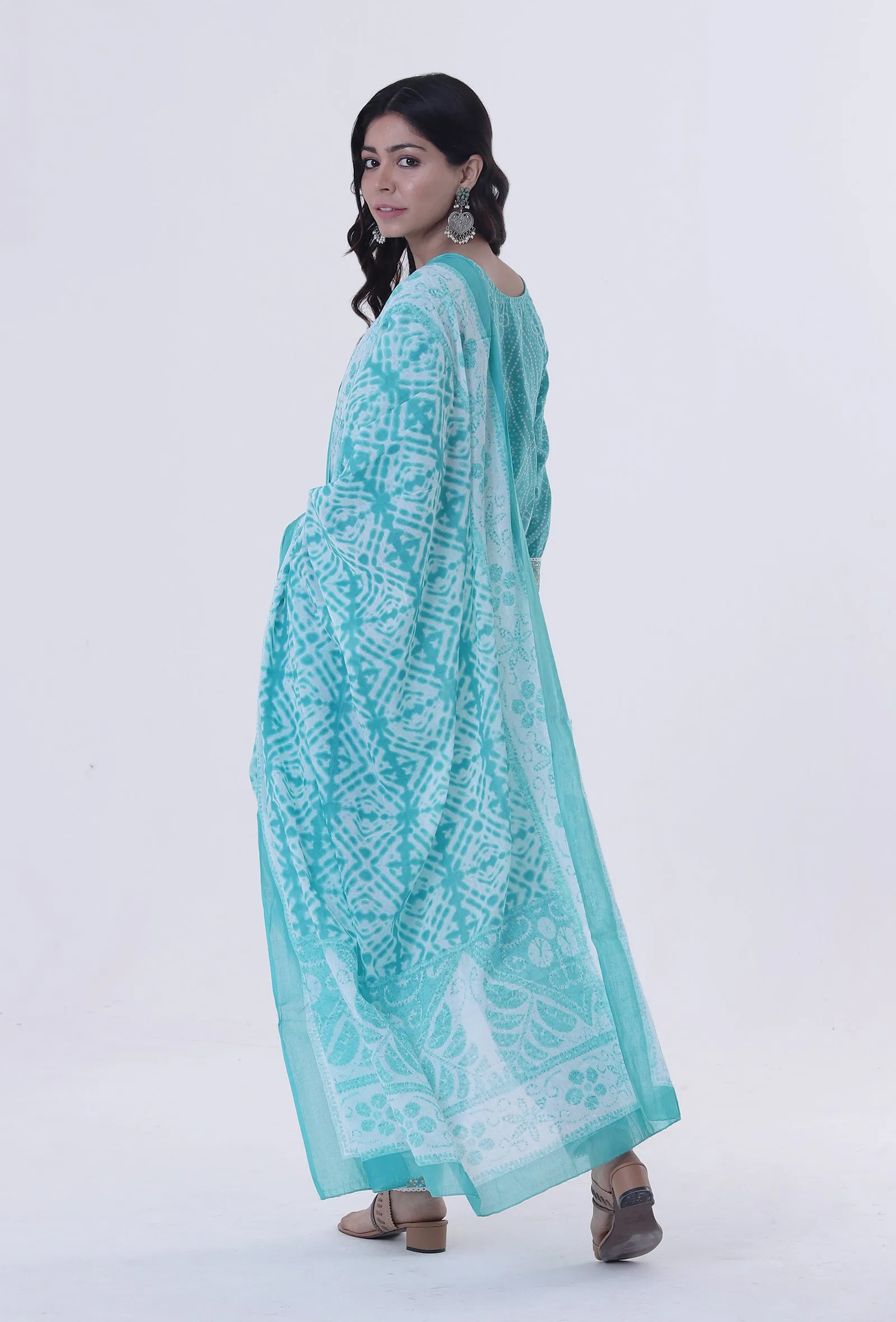 Turquoise & White Cotton Block Printed Dupatta