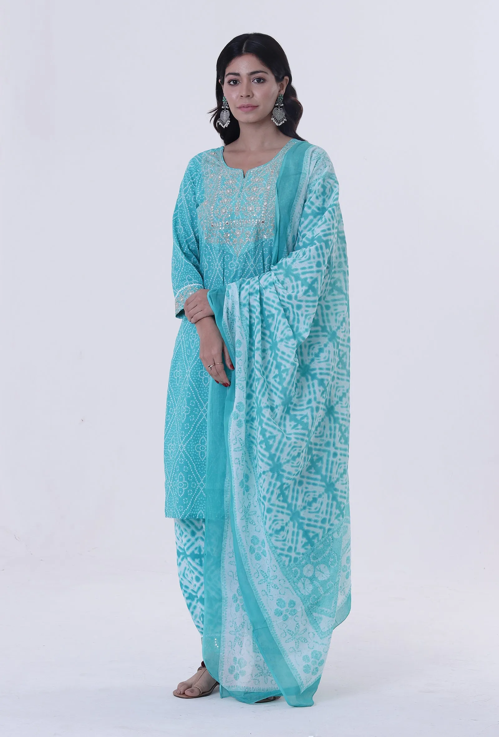 Turquoise & White Cotton Block Printed Dupatta