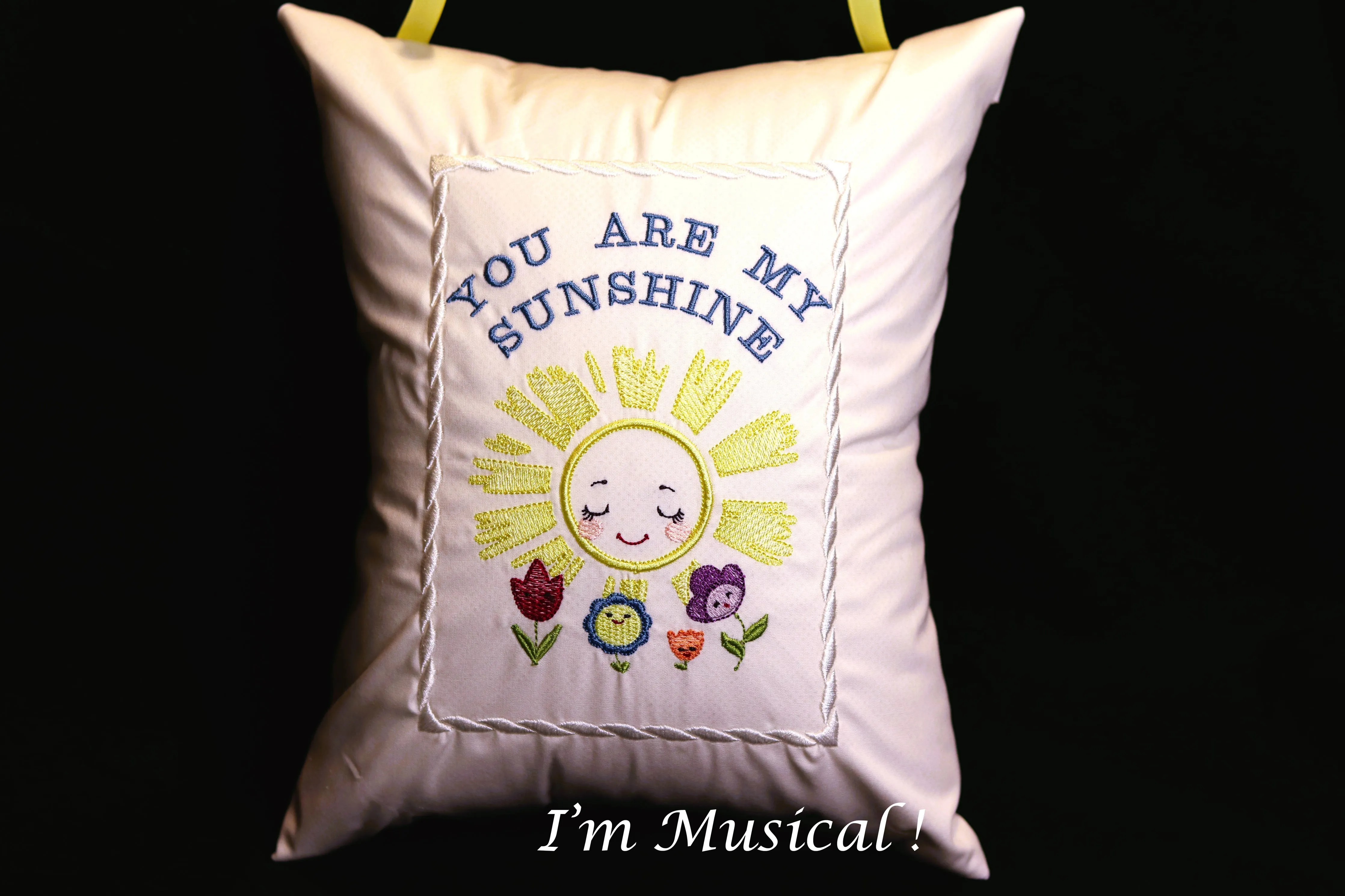 Vintage Sunshine & Flowers Music Box Pillow -- Personalized Embroidered MUSICAL Keepsake