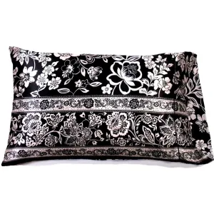 White, Black Flowers Etched in White. Satin Charmeuse Pillowcase