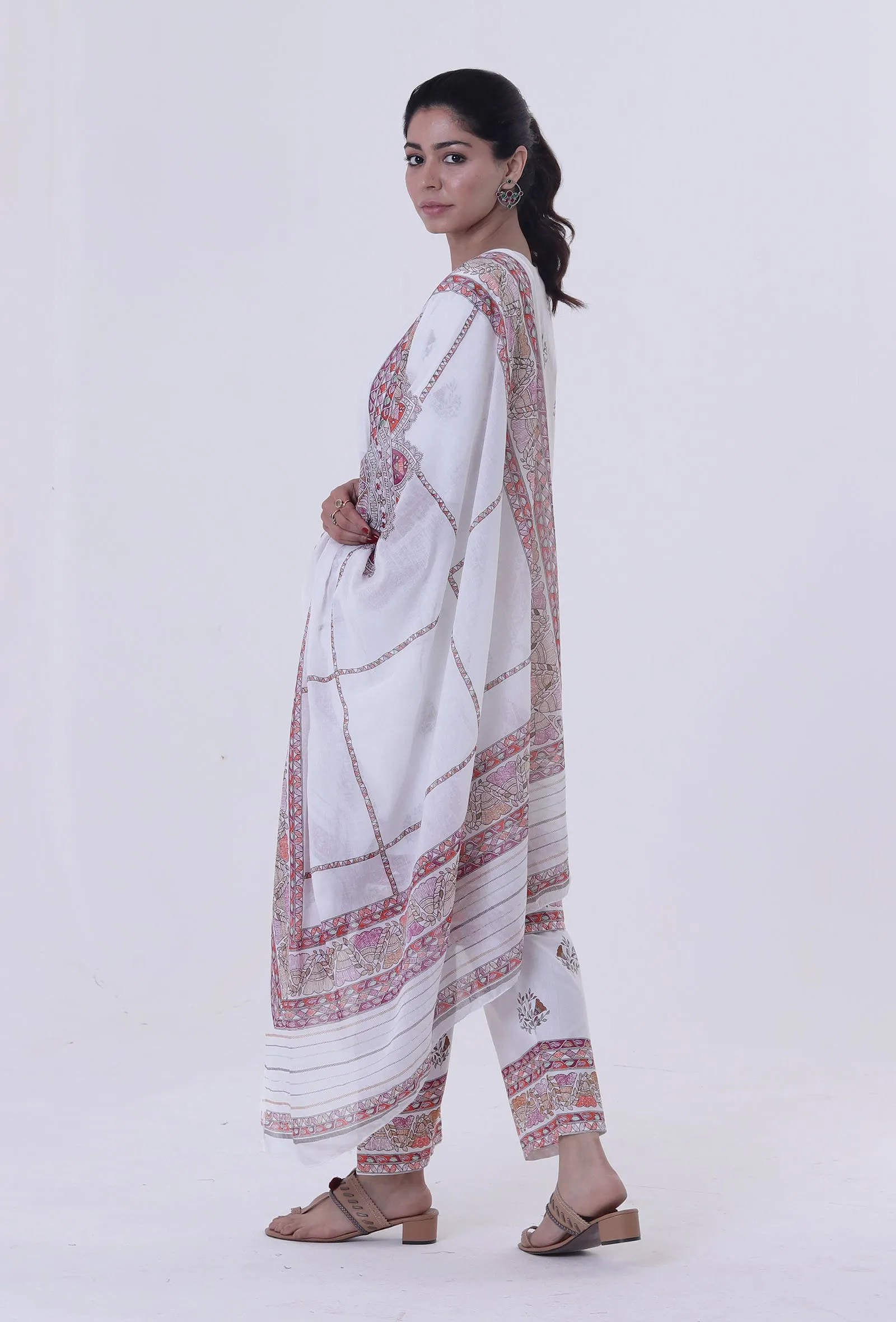 White Color Cotton Dupatta with Multicolor Motif