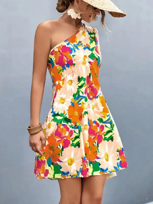 Women’s Printed One Shoulder Diagonal Dress