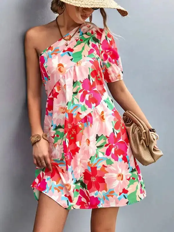 Women’s Printed One Shoulder Diagonal Dress