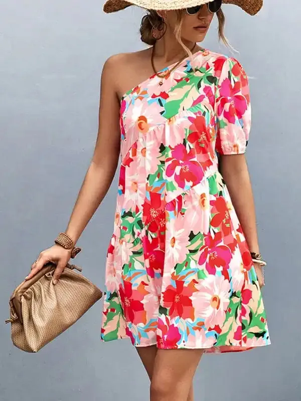 Women’s Printed One Shoulder Diagonal Dress