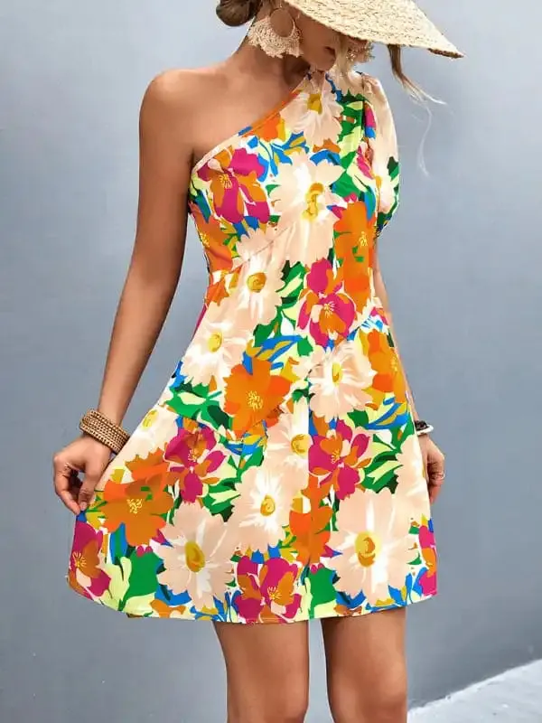 Women’s Printed One Shoulder Diagonal Dress