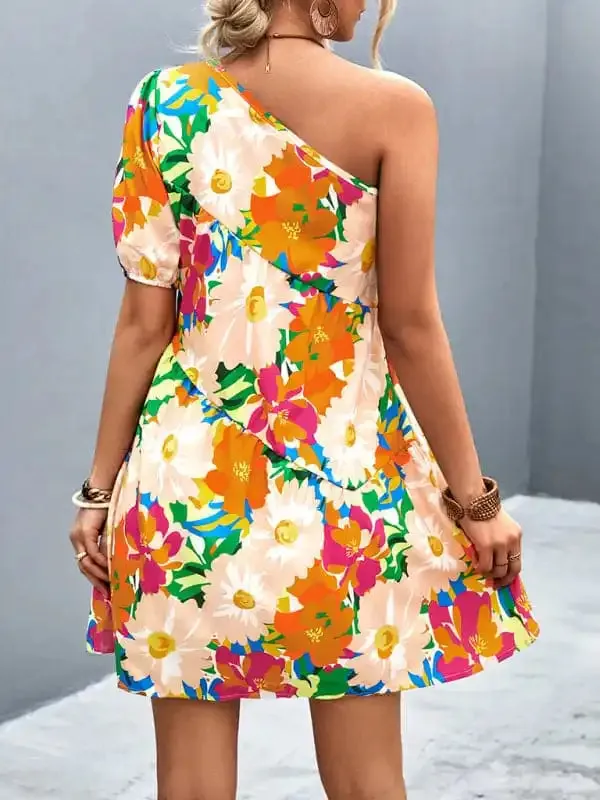 Women’s Printed One Shoulder Diagonal Dress