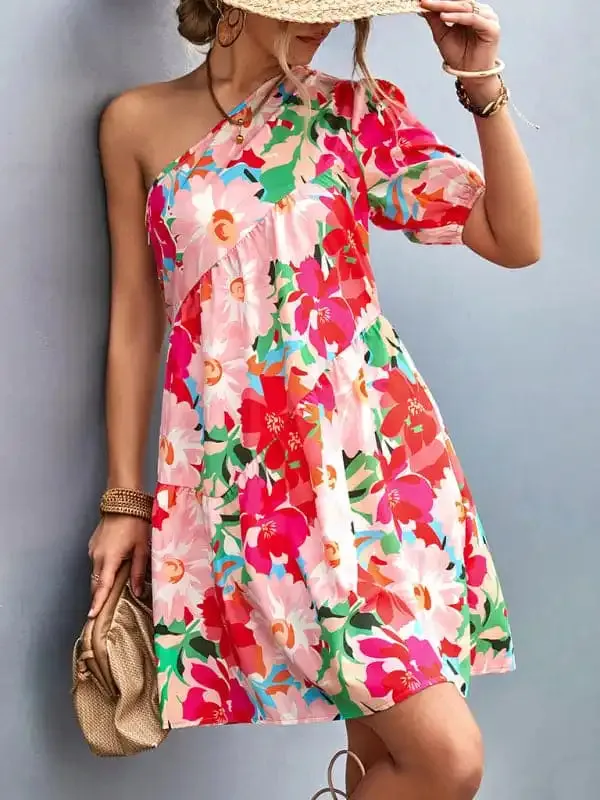 Women’s Printed One Shoulder Diagonal Dress