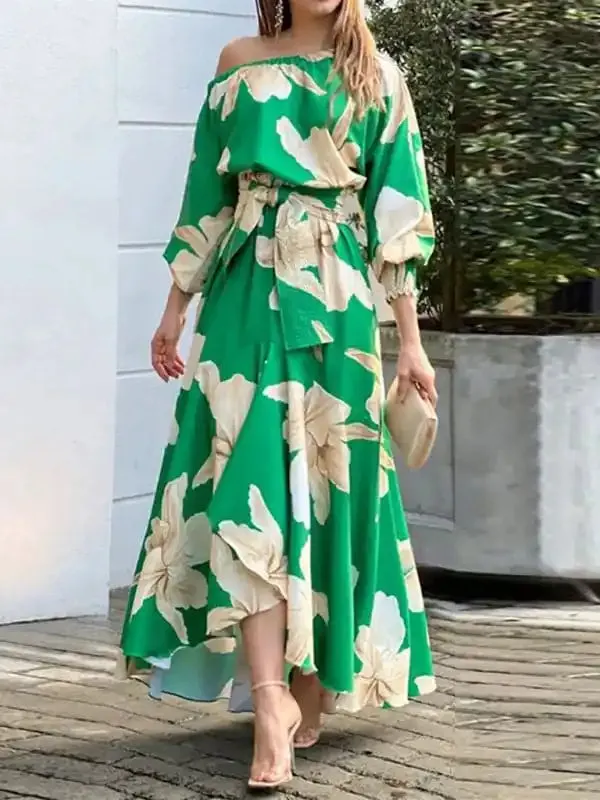 Women’s Temperament Elegant Commuter Print Lantern Sleeve Dress