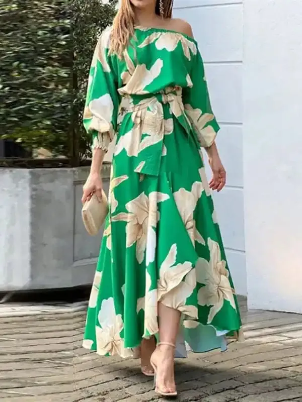 Women’s Temperament Elegant Commuter Print Lantern Sleeve Dress